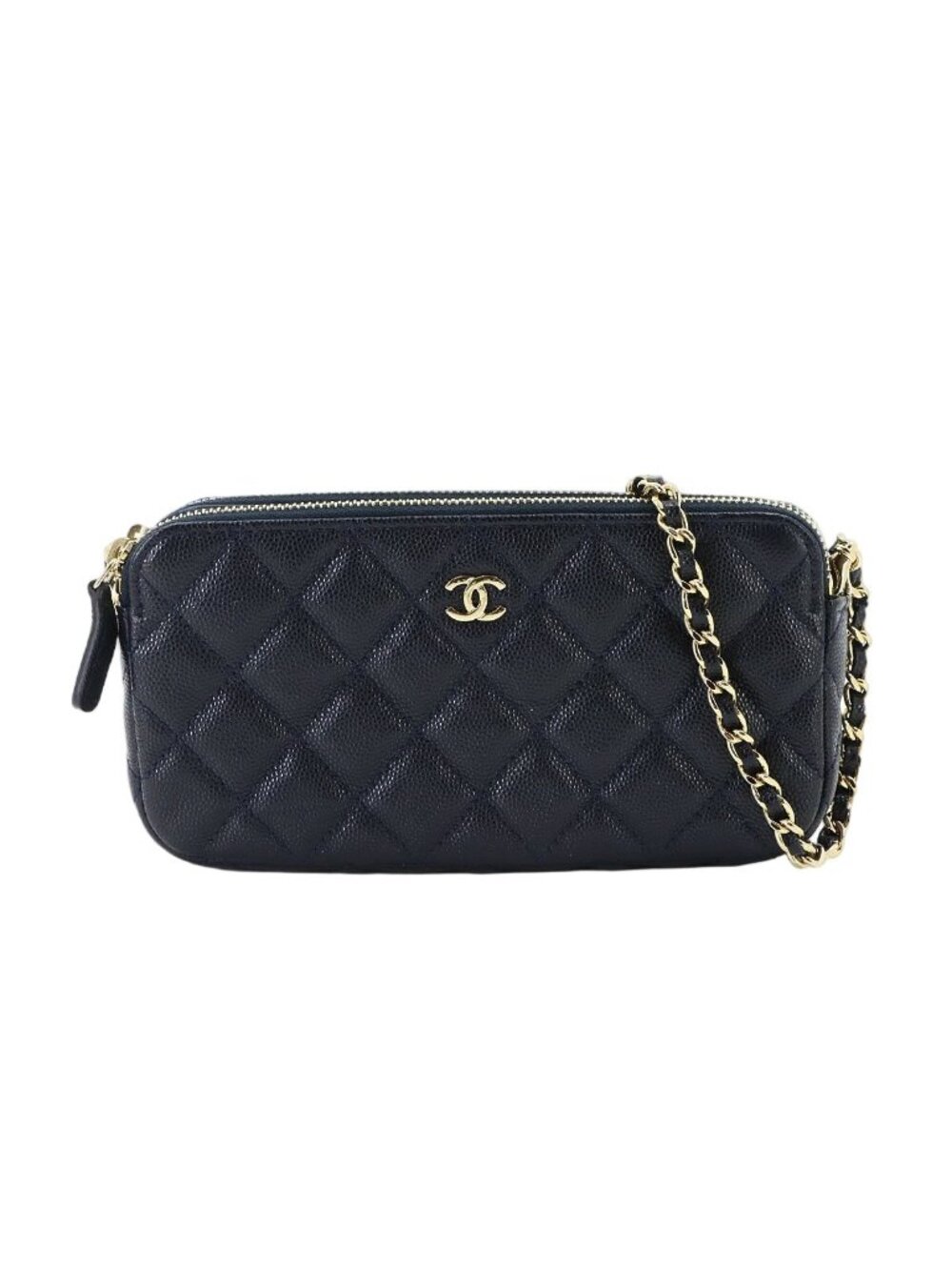 Chanel Quilted Zipper Chain Wallet Caviar Leather Navy Shoulder Bag